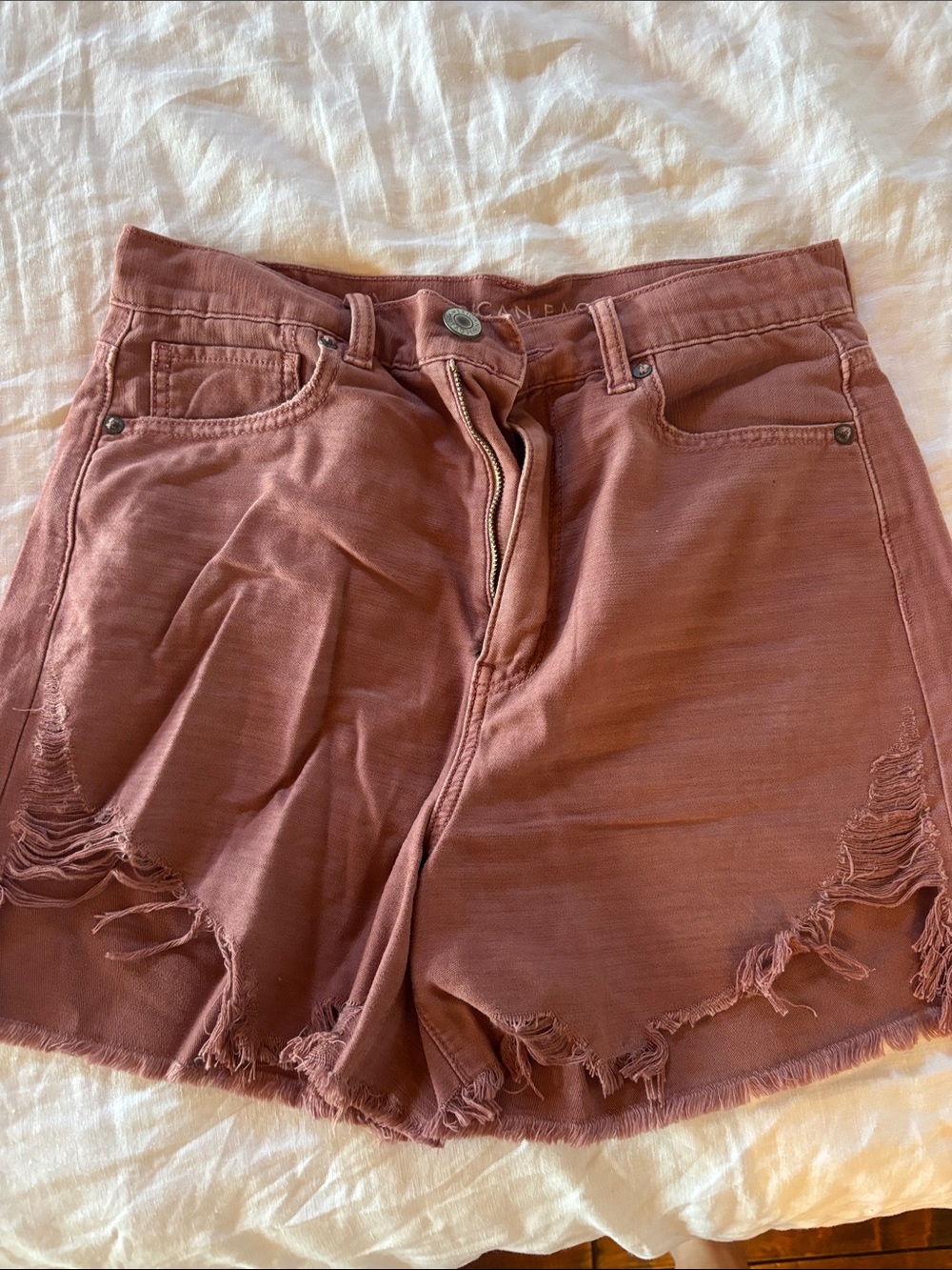 American Eagle Outfitters Rust Pink Distressed High-Rise Denim Shorts
